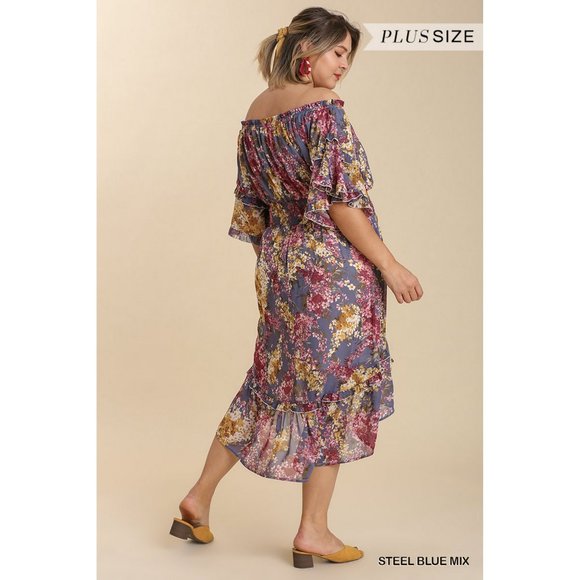Umgee Plus Steel Blue Mix Sheer Floral Print Off Shoulder Ruffle Hem Midi Dress - Picture 3 of 4